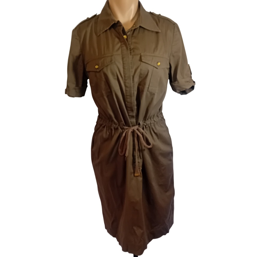 Vintage 90s Tradition Brown Shirt Dress Military Drawstring Career Casual 8